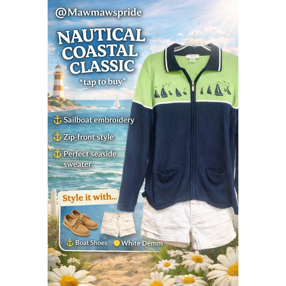 Coastal Sailing Club Cardigan Allison Daley PL Embroidered Boats Swearer‎